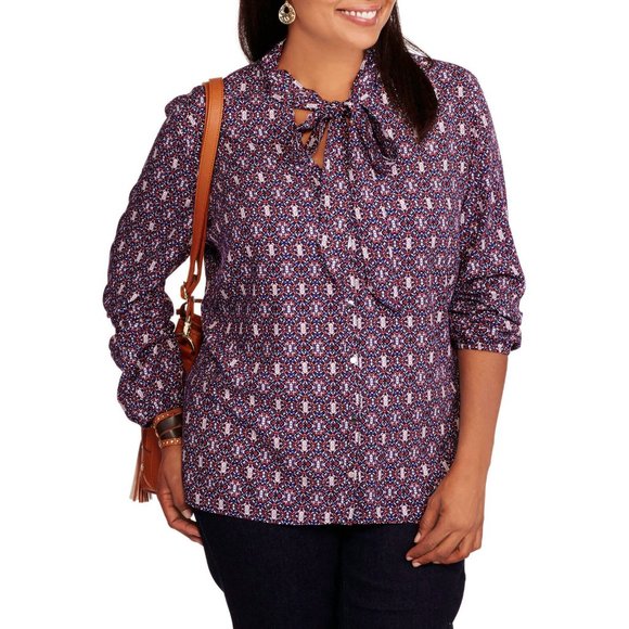 Concepts Ladies Button Down Shirt Tie-Neck Long-Sleeve Vintage Print Plus 4X NWT - Picture 1 of 6